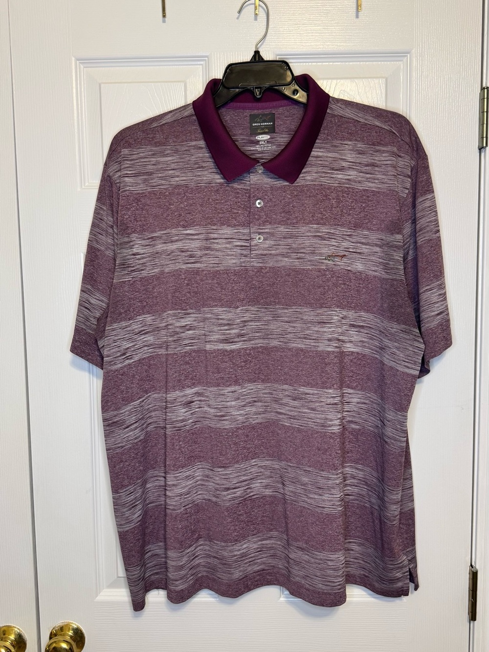 Greg Norman Collection Men's Maroon Heathered Stripe Polo with Plum Collar